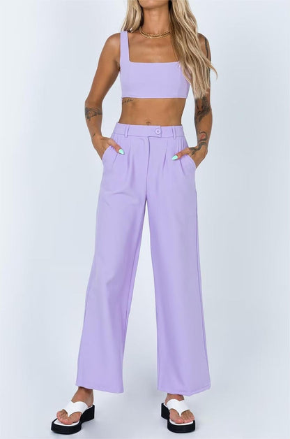 Ropa de invierno para mujer, camiseta corta sin mangas, pantalones casuales con hebilla de cintura alta, traje para mujer