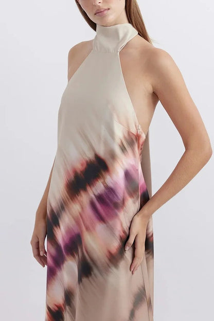 Vestido largo con cuello halter, espalda descubierta y cordones, estampado único