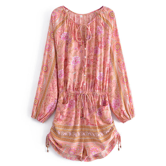 Mono plisado con cordón y cintura elástica con estampado de posicionamiento de verano para mujer