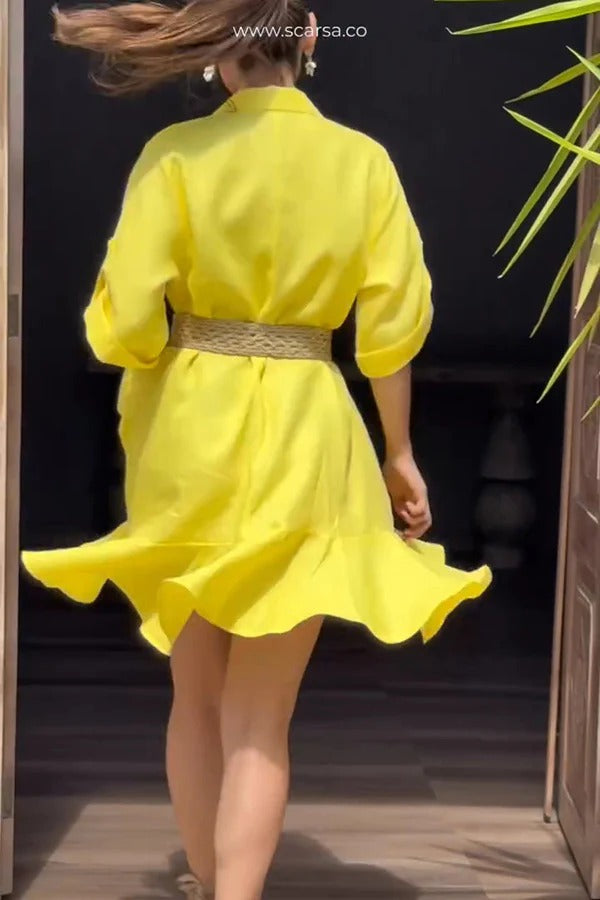Vestido mini holgado con volantes, bolsillo y solapa, informal, de color liso