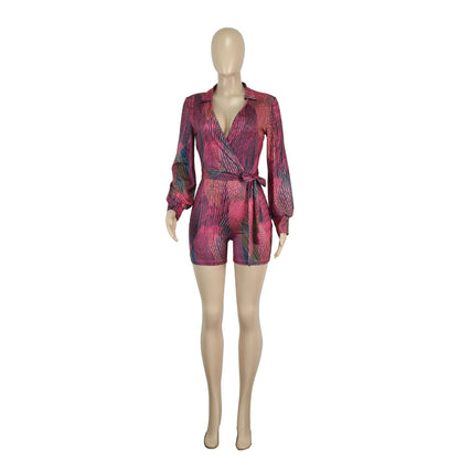 Mono sexy con cordones y estampado de color con escote en V profundo para mujer, primavera y verano