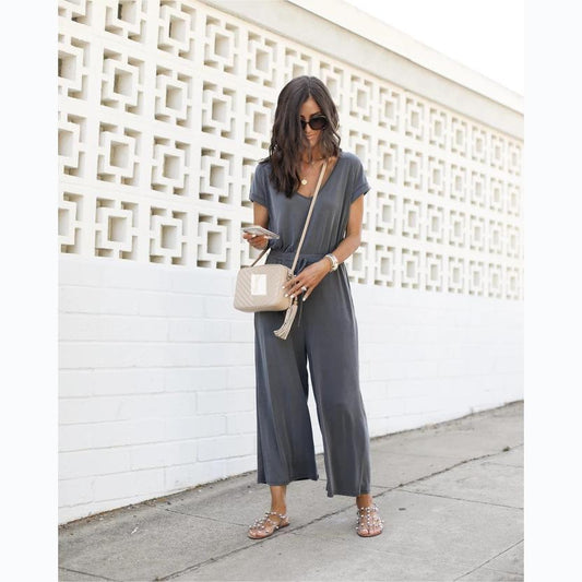 Mono informal de primavera y verano con cintura elástica y escote en V y pierna ancha para mujer