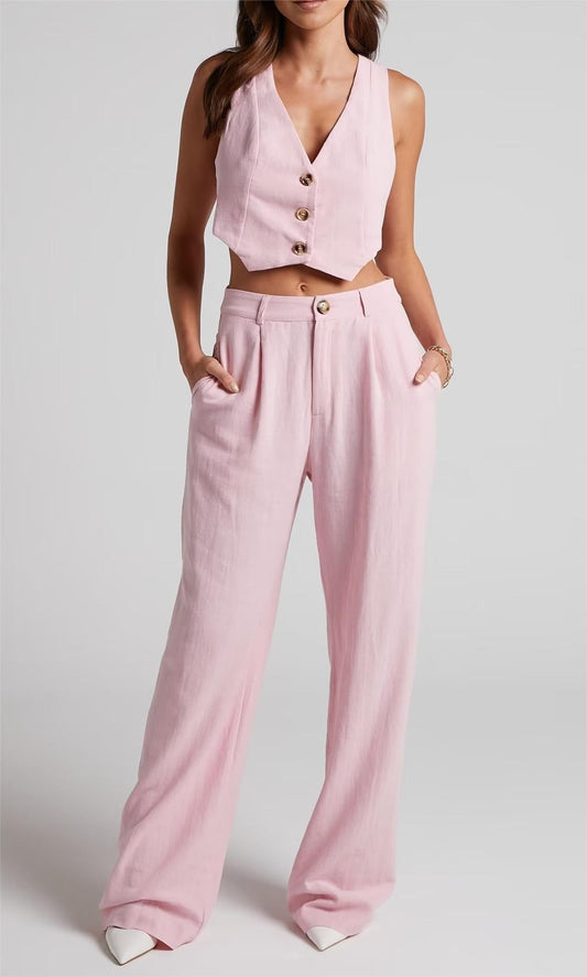 Ropa de mujer, chaleco francés con botones decorados, top y pantalón de pierna ancha, traje cruzado