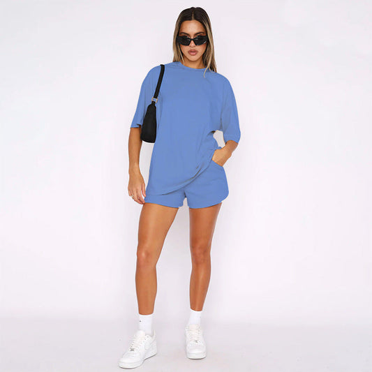 Jersey de cuello redondo de color liso con media manga para mujer, ropa informal, pantalones cortos, traje de verano