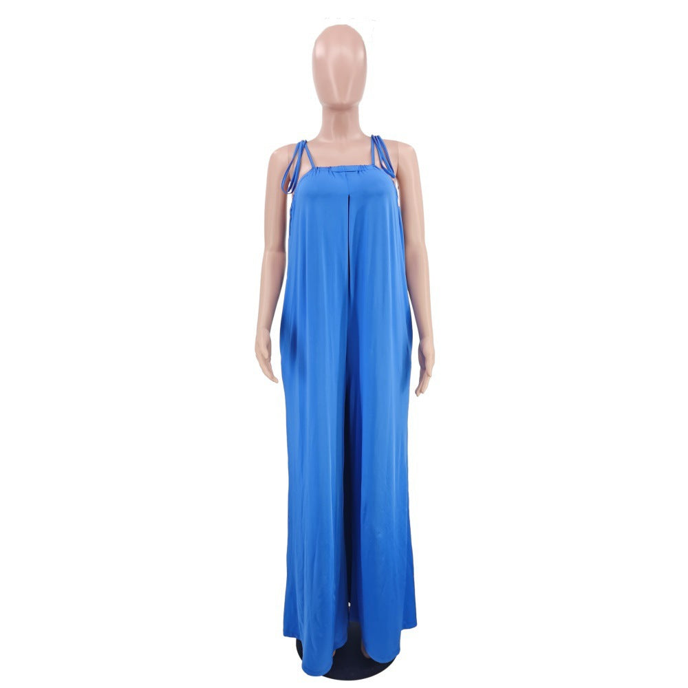 Mono de verano de color liso sin mangas con cintura cruzada en el pecho, holgado y de pierna ancha para mujer