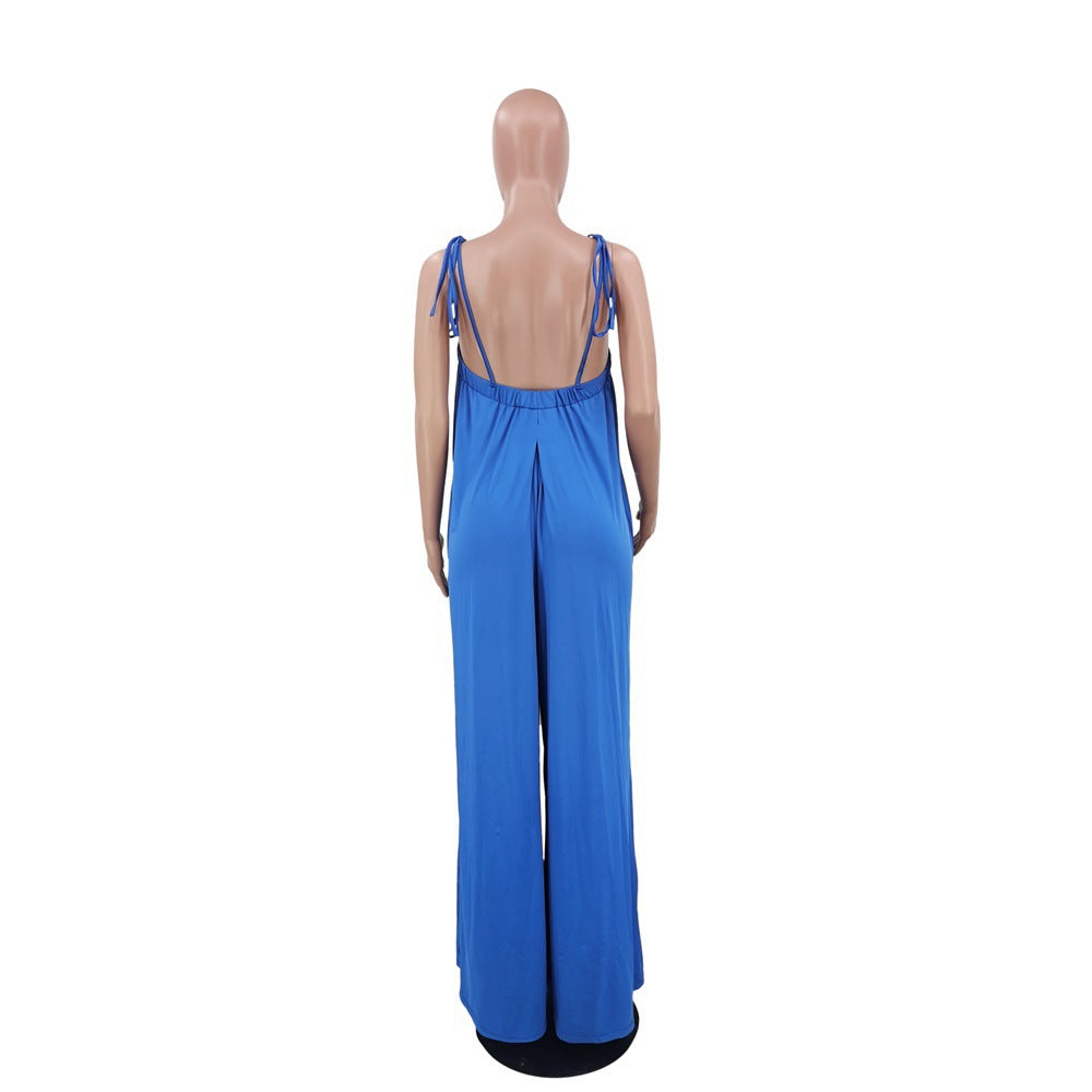 Mono de verano de color liso sin mangas con cintura cruzada en el pecho, holgado y de pierna ancha para mujer