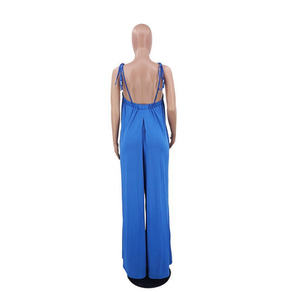 Mono de verano de color liso sin mangas con cintura cruzada en el pecho, holgado y de pierna ancha para mujer