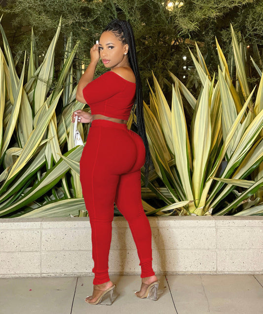 Ropa de mujer Traje de verano Sexy con hombros descubiertos y botones Pantalones de dos piezas