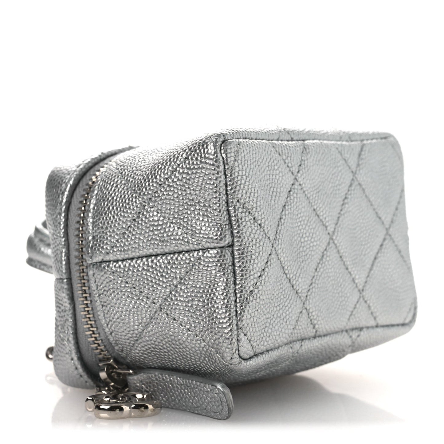 Metallic Caviar Quilted Mini Top Handle Vanity With Chain Silver