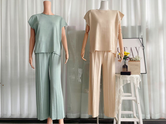 Conjuntos casuales de verano para mujer, chaleco sin mangas de color sólido, suéter, pantalones de pierna ancha de seda helada