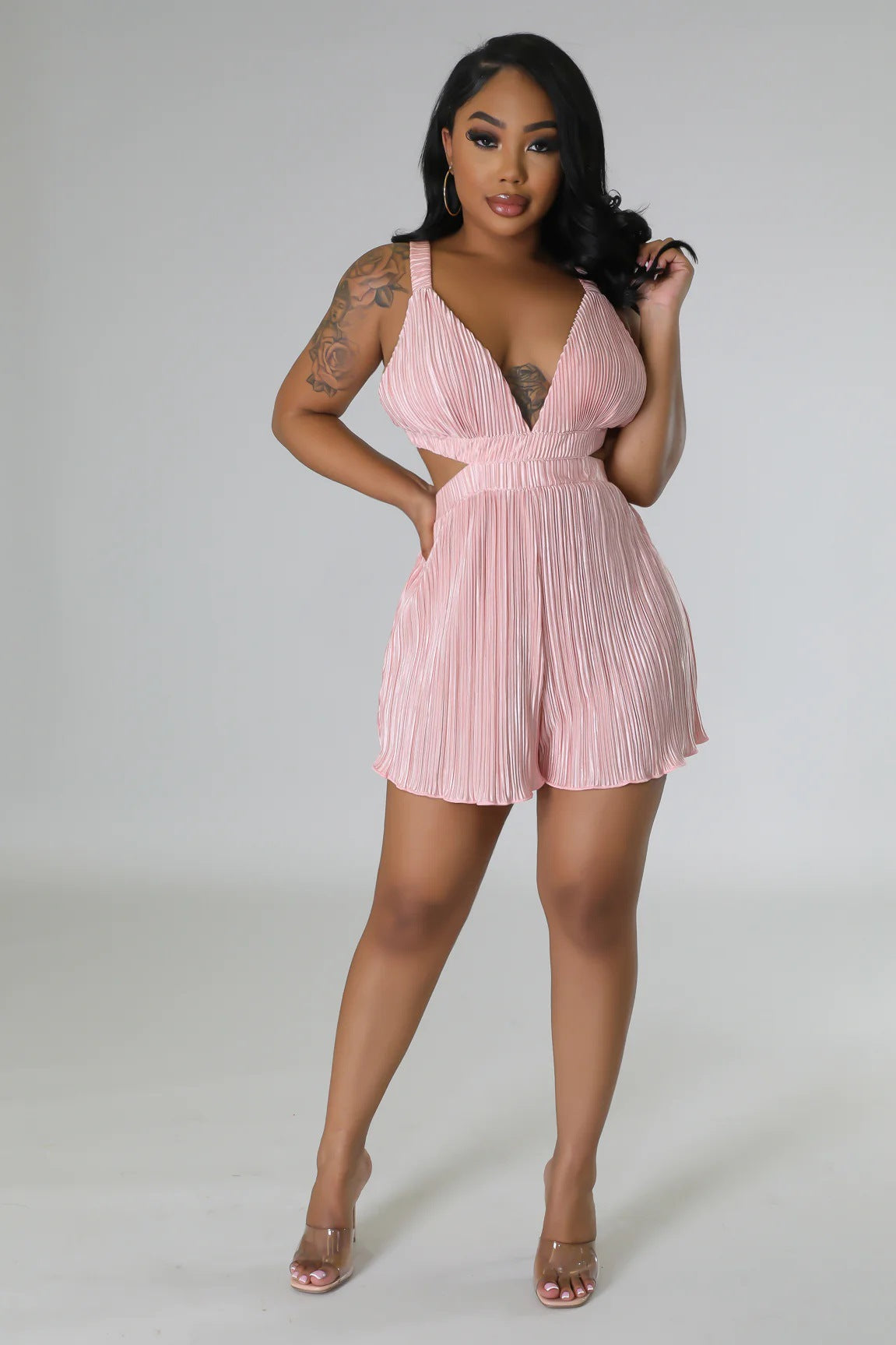 Mono de verano sexy sin mangas con cuello en V y tirantes plegables para mujer