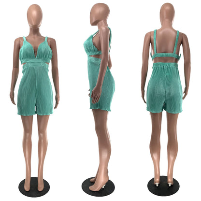 Mono de verano sexy sin mangas con cuello en V y tirantes plegables para mujer