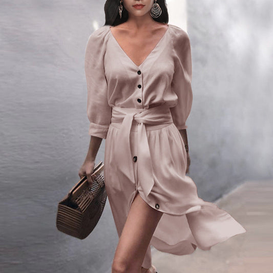 Women Dress Long Sleeve V-neck Buttons Lace-up Solid Color Sexy Loose plus Size Dress