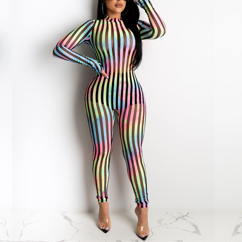 Pantalones casuales a rayas de Sudáfrica, mono elástico con costuras de malla arcoíris sexys y leggings