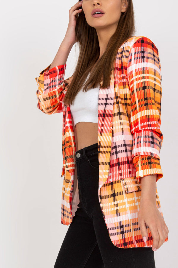 Blazer informal para mujer, chaqueta de traje de oficina con bolsillos y manga larga a cuadros de color y abertura frontal