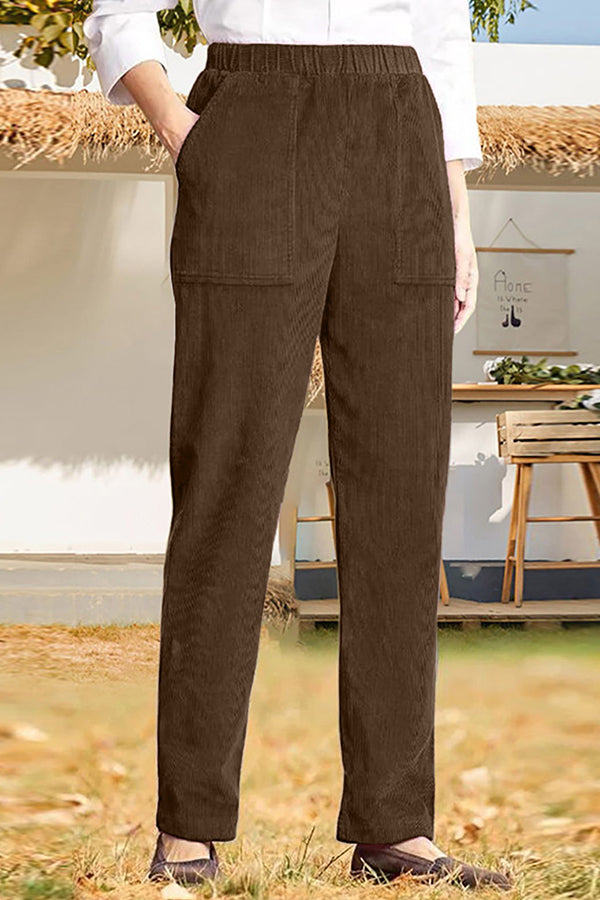 Pantalones casuales rectos a rayas con cintura elástica de color sólido