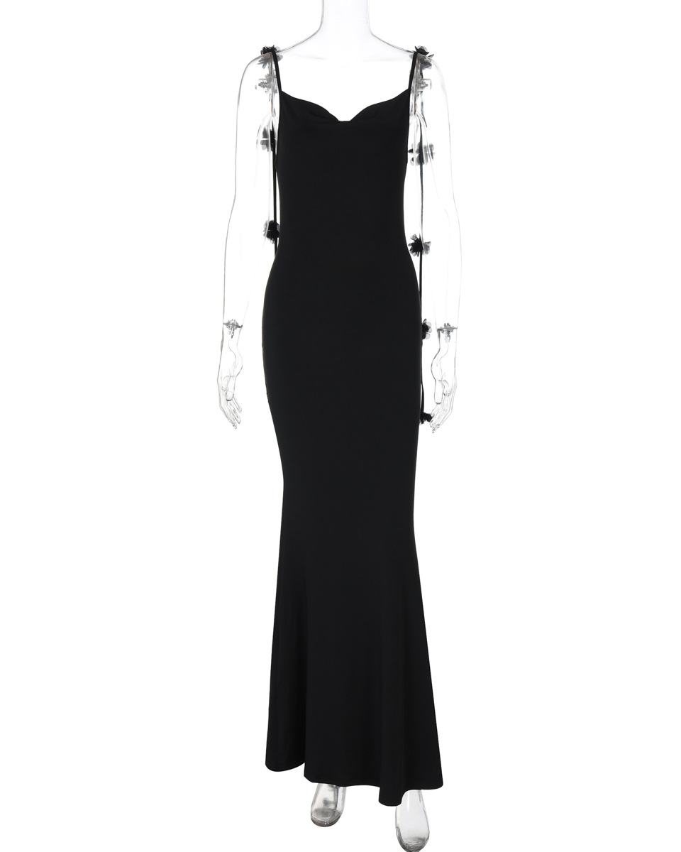 Backless Strap 3D Flower Decorated Suspender Evening Dress