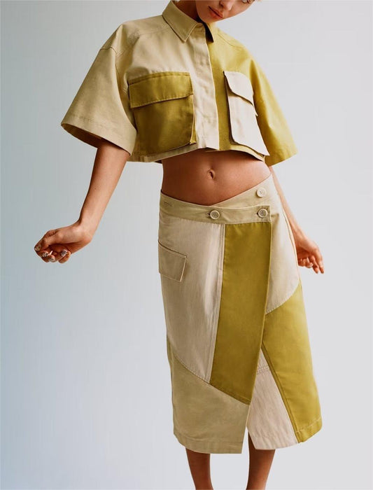 Gabardina de retazos de tela, camisa corta, falda de retazos, decoración de bolsillo, pantalón ajustado, traje para mujer