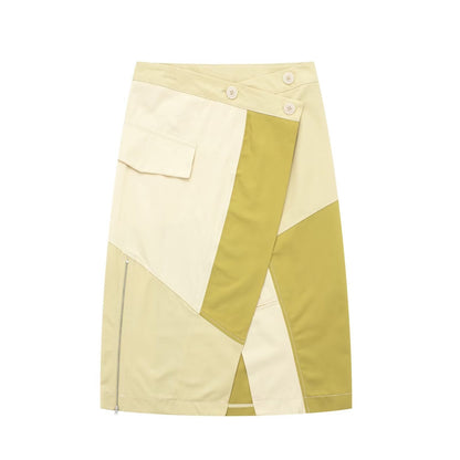 Gabardina de retazos de tela, camisa corta, falda de retazos, decoración de bolsillo, pantalón ajustado, traje para mujer