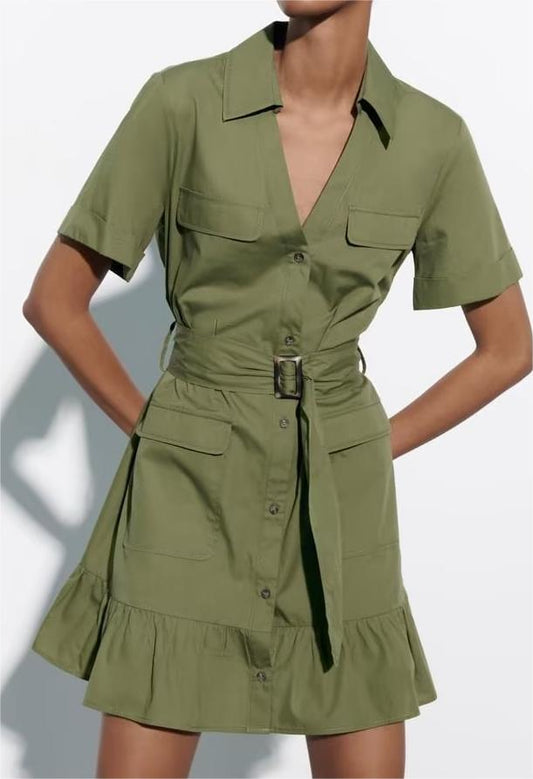Vestido de popelina sencillo con cintura elegante para mujer de primavera