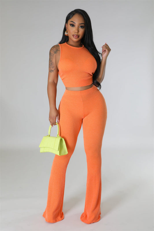 Conjunto informal de dos piezas para mujer, pantalón acampanado sin mangas, tejido acanalado de color liso