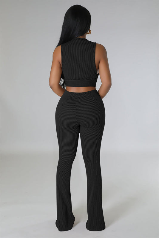 Conjunto informal de dos piezas para mujer, pantalón acampanado sin mangas, tejido acanalado de color liso