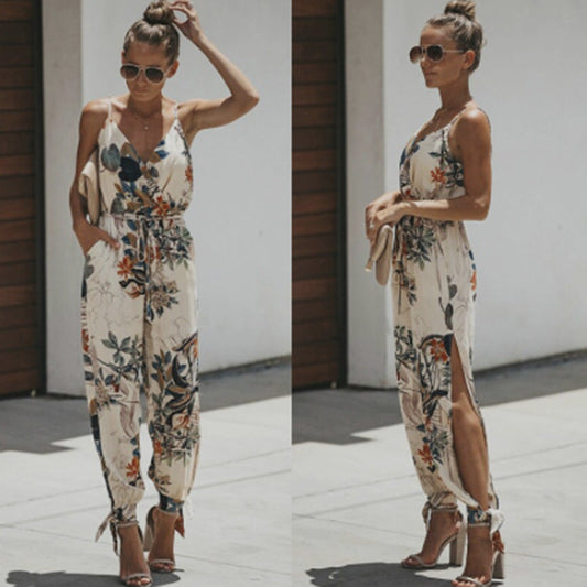 Mono de una pieza de algodón con abertura y tirantes finos, estampado, sin espalda y sexy, de verano para mujer