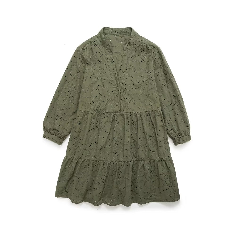 Vestido de primavera y verano para mujer, con escote en V, costuras en capas, holgado, corte A, con aberturas y bordado
