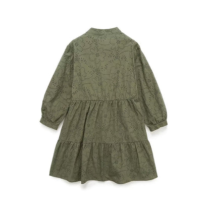 Vestido de primavera y verano para mujer, con escote en V, costuras en capas, holgado, corte A, con aberturas y bordado