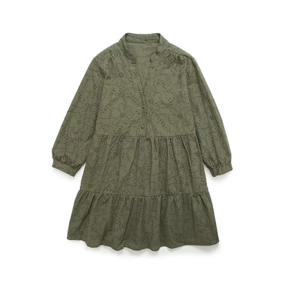 Vestido de primavera y verano para mujer, con escote en V, costuras en capas, holgado, corte A, con aberturas y bordado