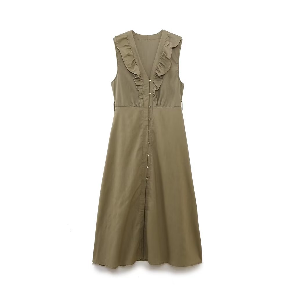 Vestido informal de verano para mujer con cinturón de mezcla de lino y decoración laminada.