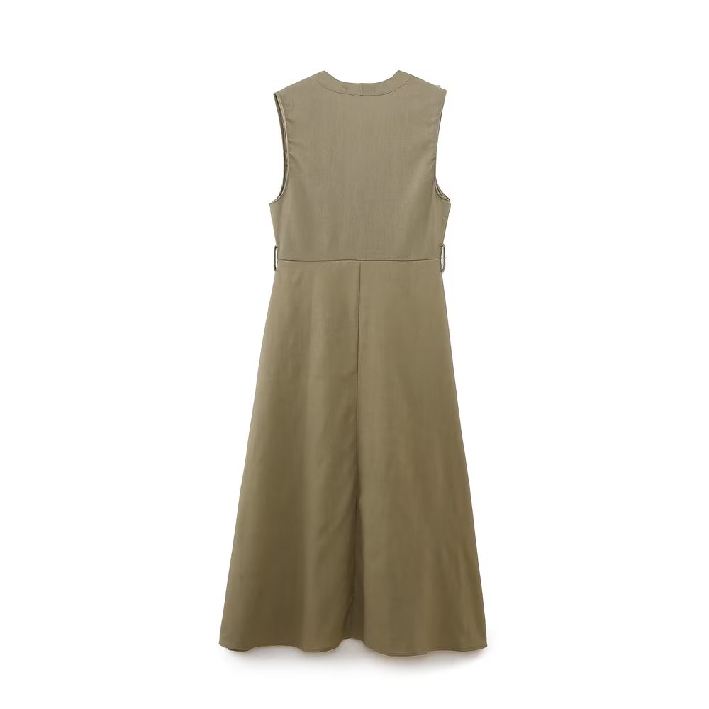 Vestido informal de verano para mujer con cinturón de mezcla de lino y decoración laminada.