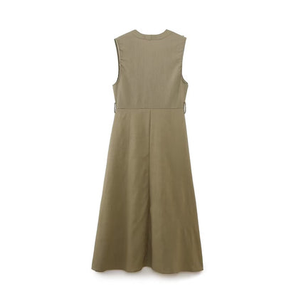 Vestido informal de verano para mujer con cinturón de mezcla de lino y decoración laminada.