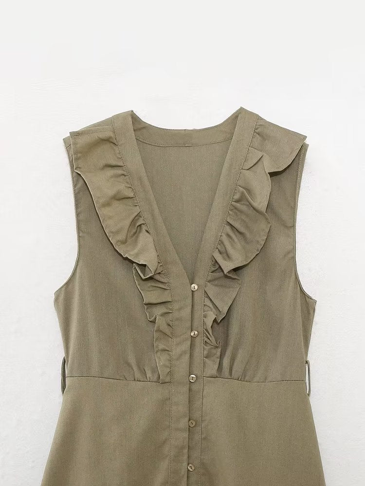 Vestido informal de verano para mujer con cinturón de mezcla de lino y decoración laminada.