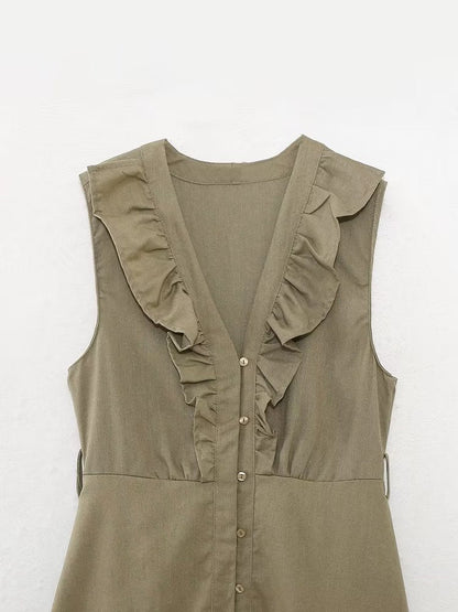 Vestido informal de verano para mujer con cinturón de mezcla de lino y decoración laminada.