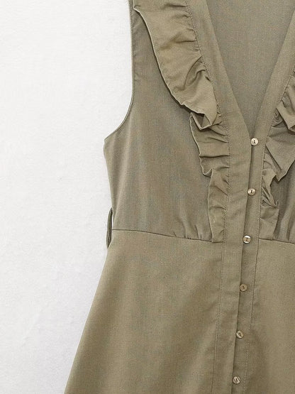 Vestido informal de verano para mujer con cinturón de mezcla de lino y decoración laminada.