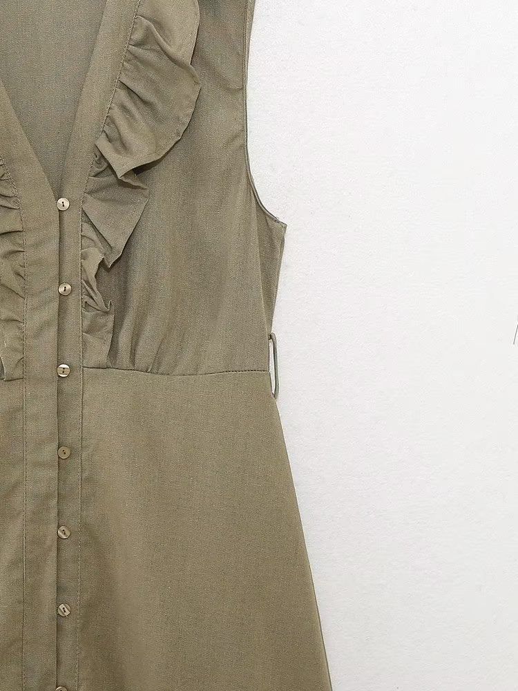 Vestido informal de verano para mujer con cinturón de mezcla de lino y decoración laminada.