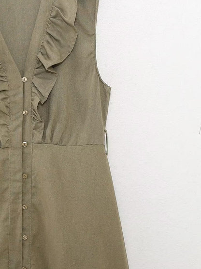 Vestido informal de verano para mujer con cinturón de mezcla de lino y decoración laminada.