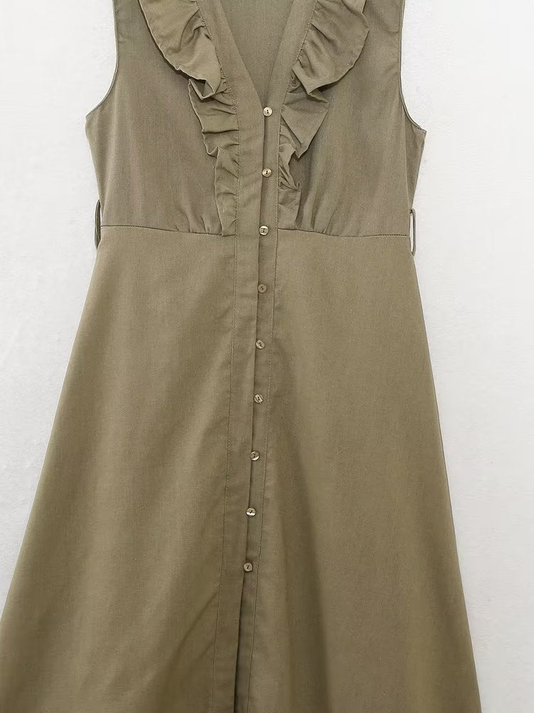 Vestido informal de verano para mujer con cinturón de mezcla de lino y decoración laminada.
