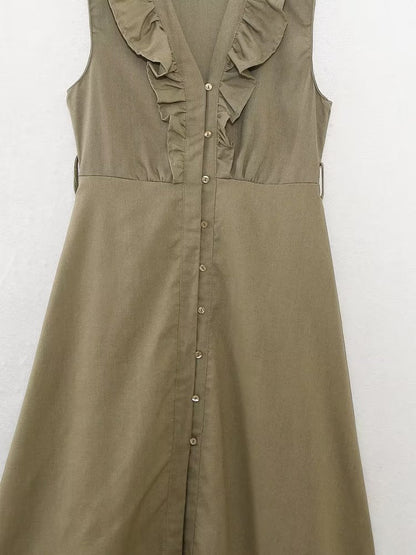 Vestido informal de verano para mujer con cinturón de mezcla de lino y decoración laminada.