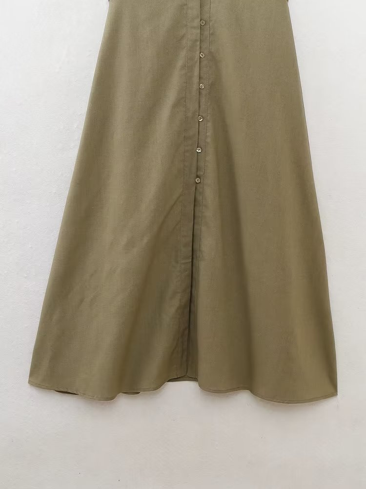 Vestido informal de verano para mujer con cinturón de mezcla de lino y decoración laminada.