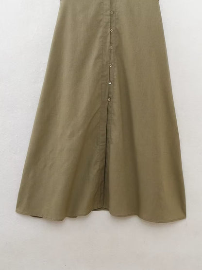 Vestido informal de verano para mujer con cinturón de mezcla de lino y decoración laminada.