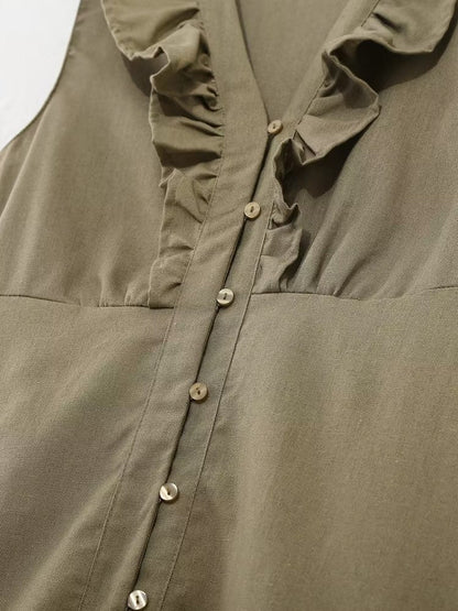 Vestido informal de verano para mujer con cinturón de mezcla de lino y decoración laminada.