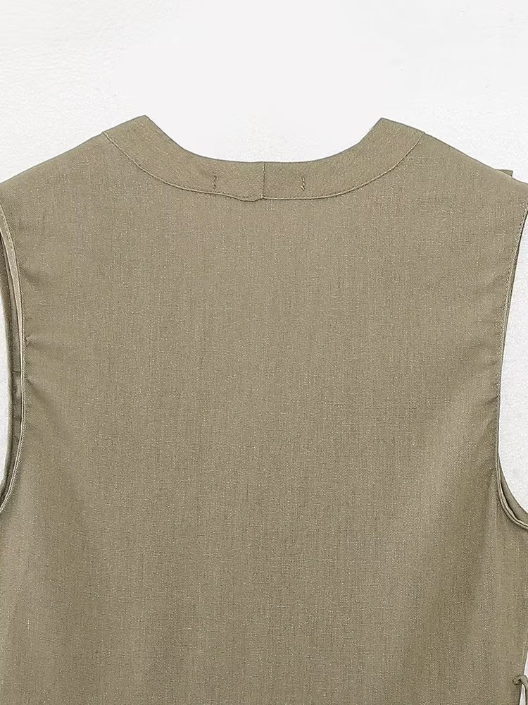 Vestido informal de verano para mujer con cinturón de mezcla de lino y decoración laminada.