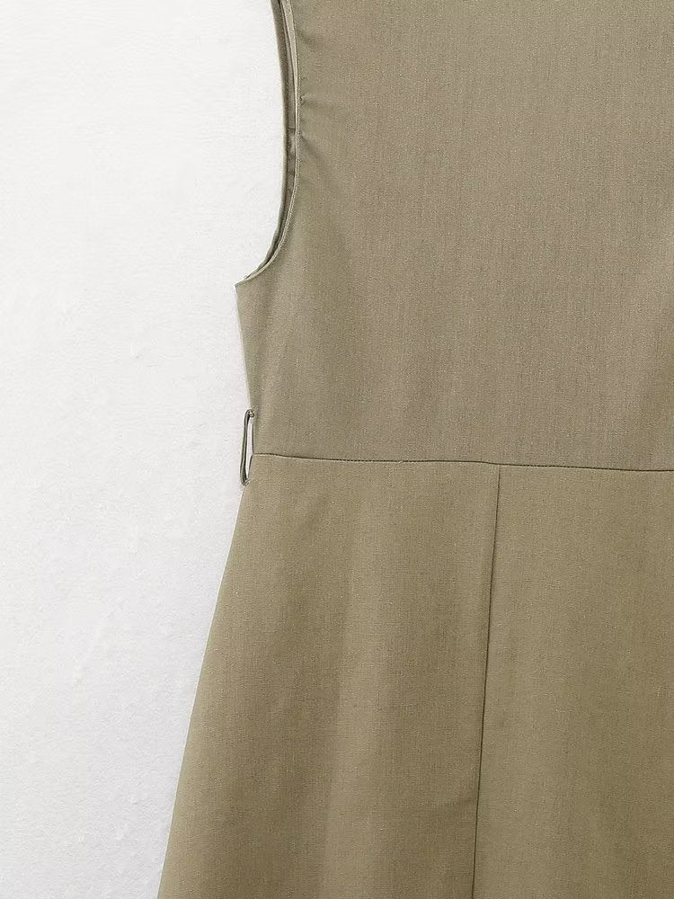 Vestido informal de verano para mujer con cinturón de mezcla de lino y decoración laminada.