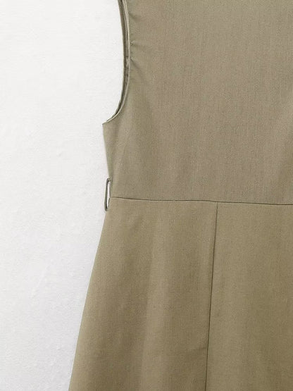 Vestido informal de verano para mujer con cinturón de mezcla de lino y decoración laminada.