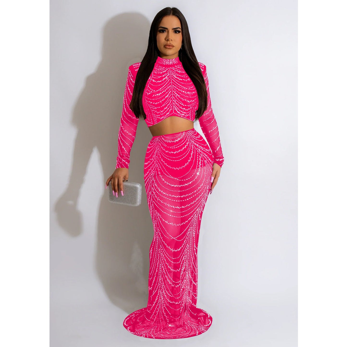 Women Wear Solid Color Mesh Drilling Long Sleeve Dress Two Piece Set