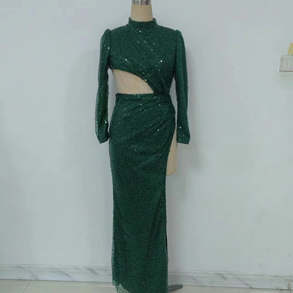 Vestido de cóctel de manga larga con lentejuelas, asimétrico, irregular y sexy, para primavera y verano, para mujer