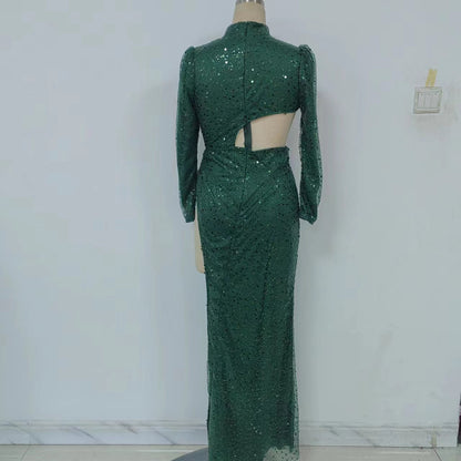 Vestido de cóctel de manga larga con lentejuelas, asimétrico, irregular y sexy, para primavera y verano, para mujer