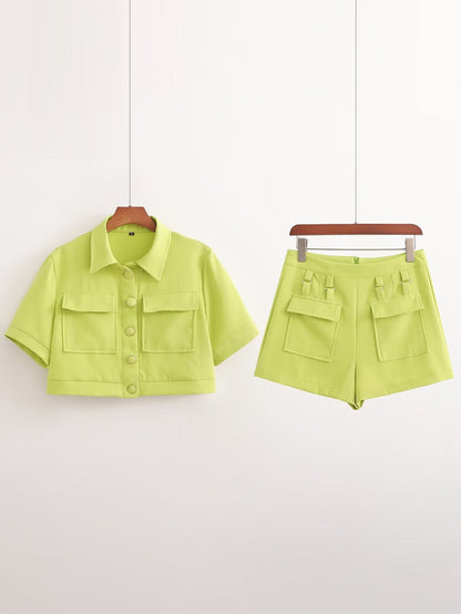 Ropa de verano para mujer, camisa con bolsillo decorativo, abrigo corto, cintura alta, pantalones cortos adelgazantes a juego.